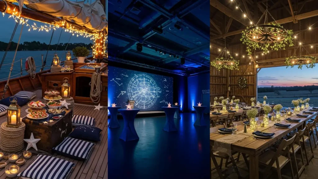 Drie sfeervolle evenementen in 'onder de sterren' thema: boot, sterrenzaal en schuurfeest met glinsterende decoraties.