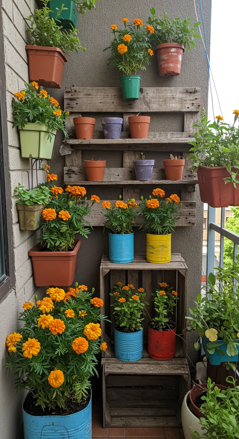 Balkon met oranje afrikaantjes in vrolijk gekleurde, upcyclede blikken en houten kistjes.