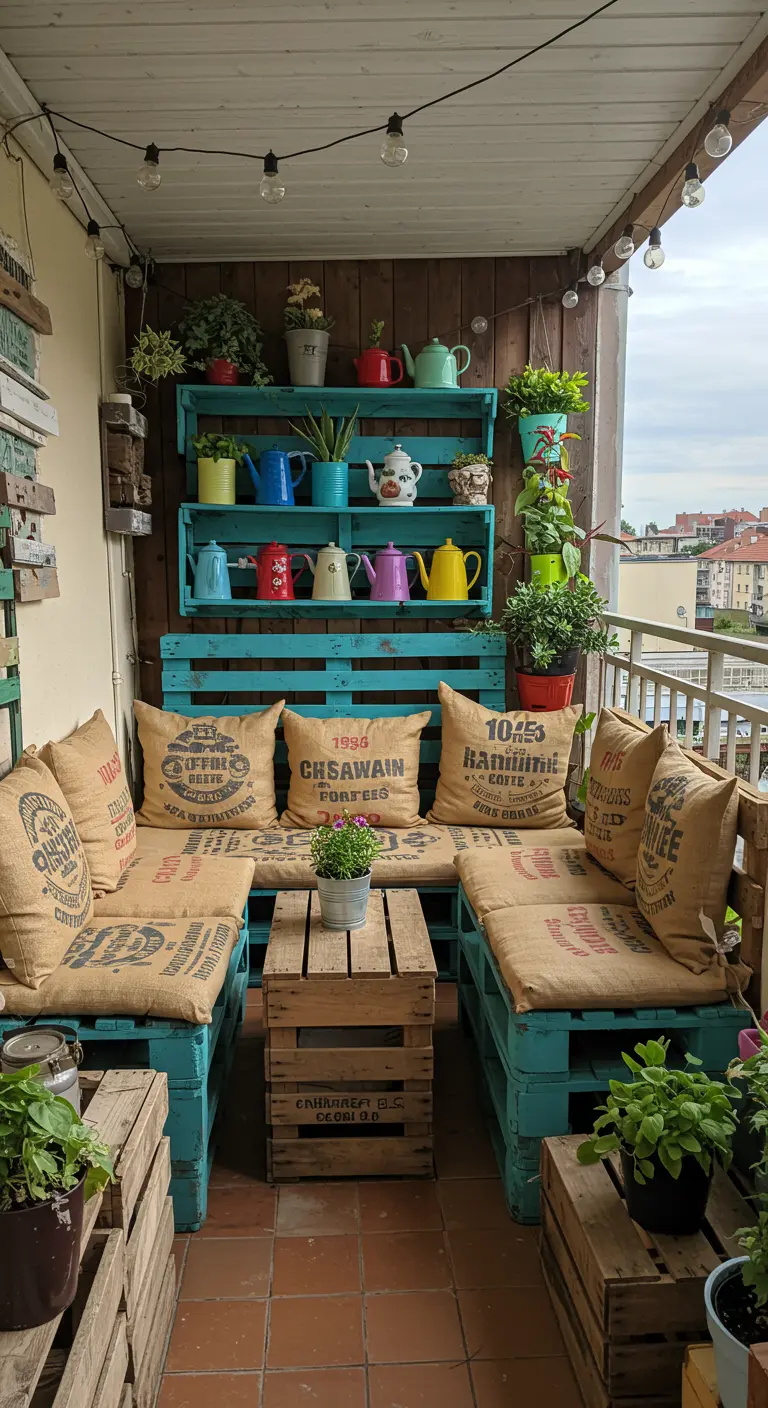 Balkon met turquoise loungebank van pallets, kussens van jutezakken en houten kratjes.