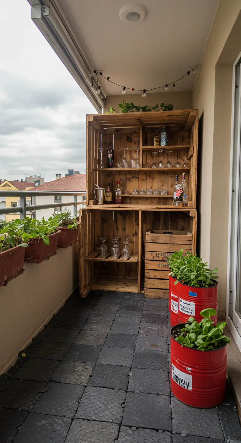 Balkonbar volledig opgebouwd uit gestapelde houten fruitkistjes, met planten in rode olievaten.