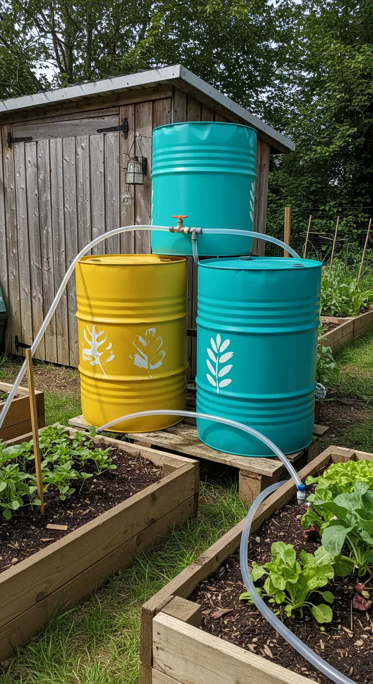 Geel en turquoise geschilderde regentonnen met witte stencils in een moestuin.
