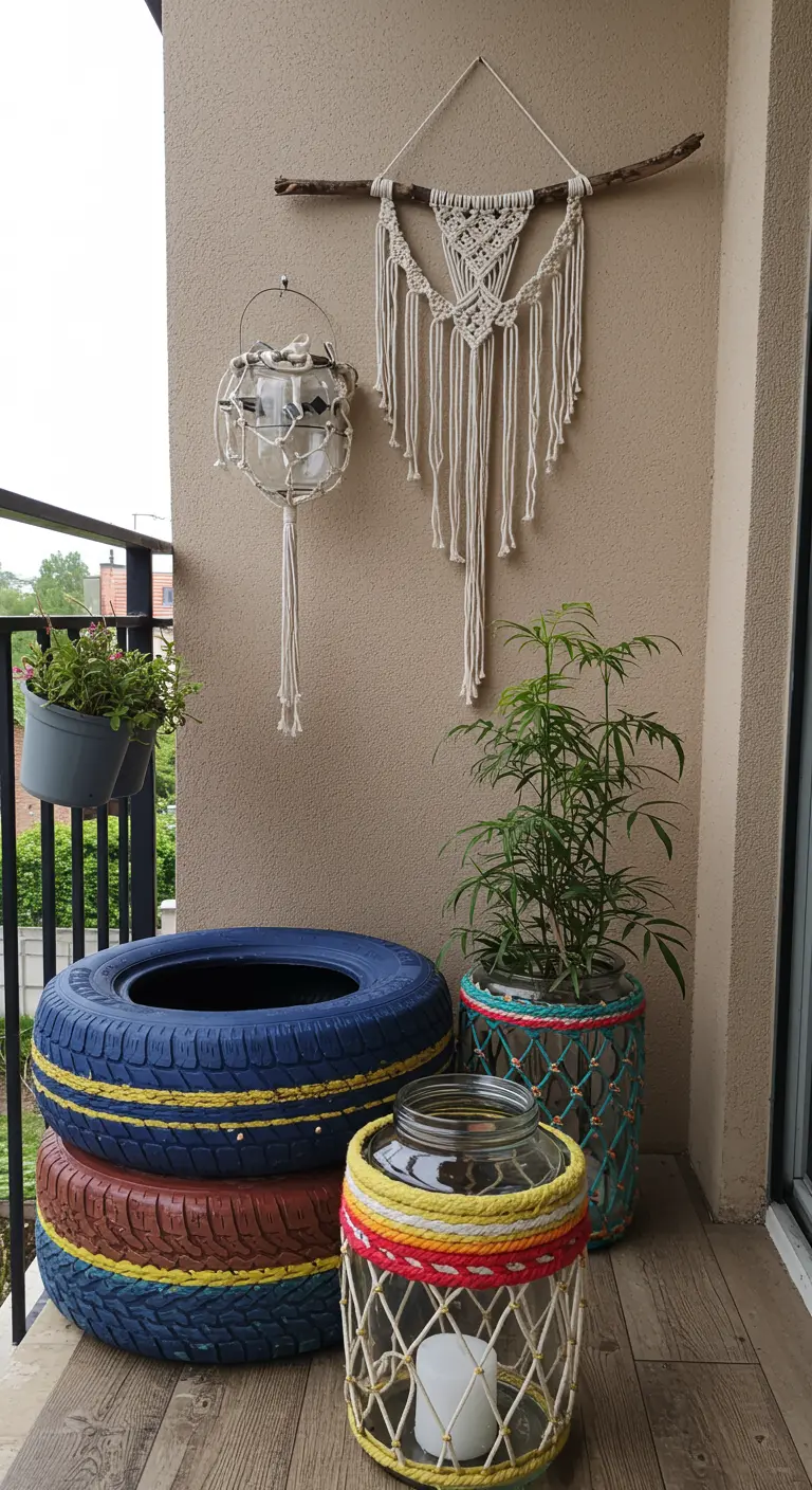 Creatief balkon met beschilderde autobanden en lantaarns omwikkeld met gekleurd touw.
