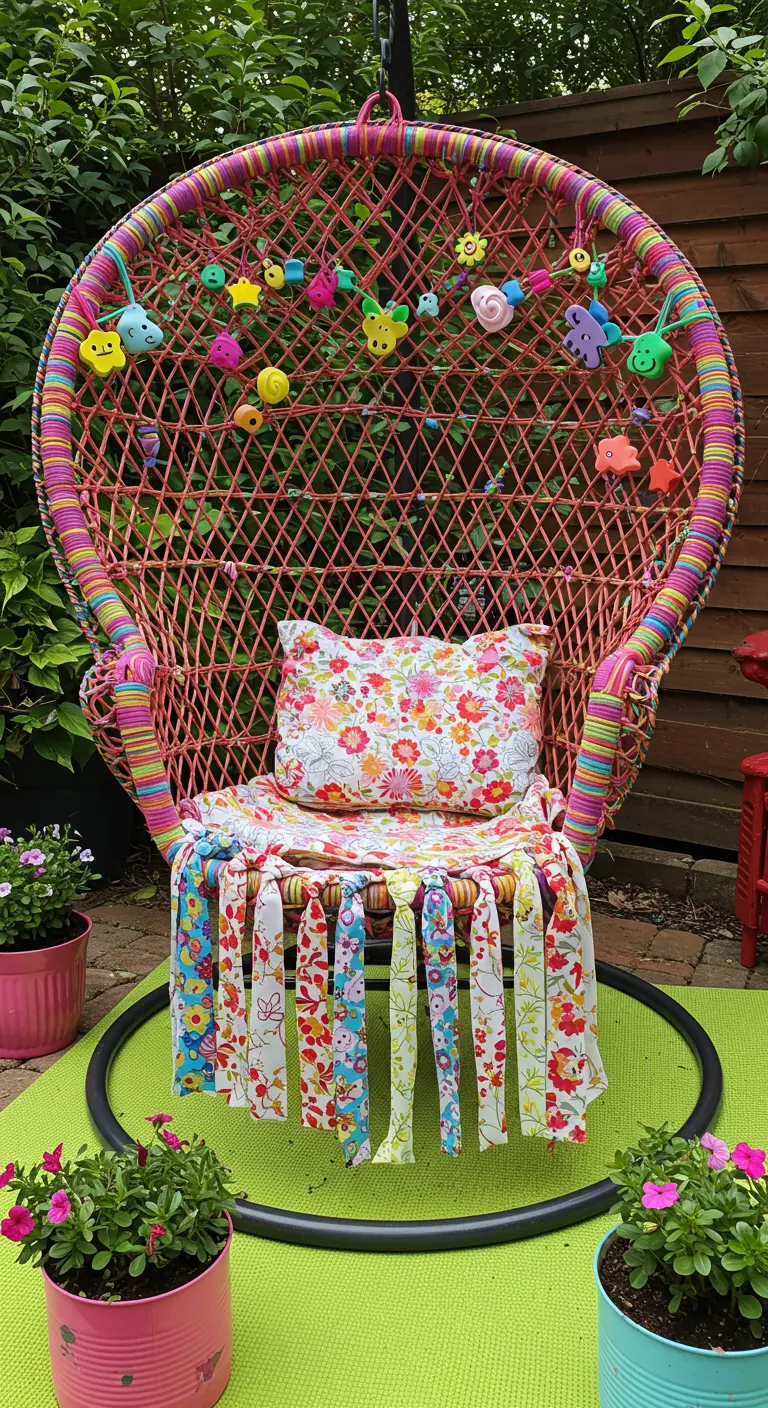 Roze rotan eierstoel versierd met kleurrijke stofjes, garen en kralen.
