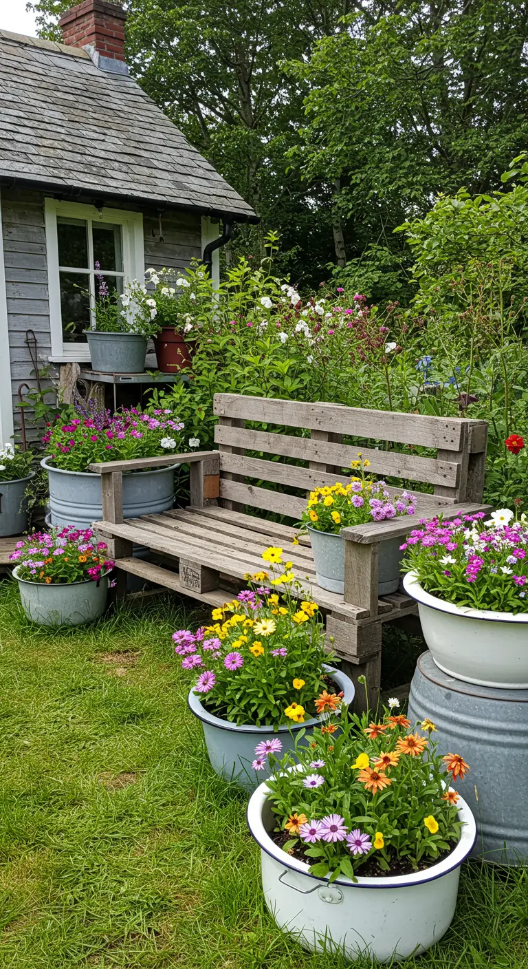 Zelfgemaakte palletbank omringd door kleurrijke bloemen in oude emaille emmers.