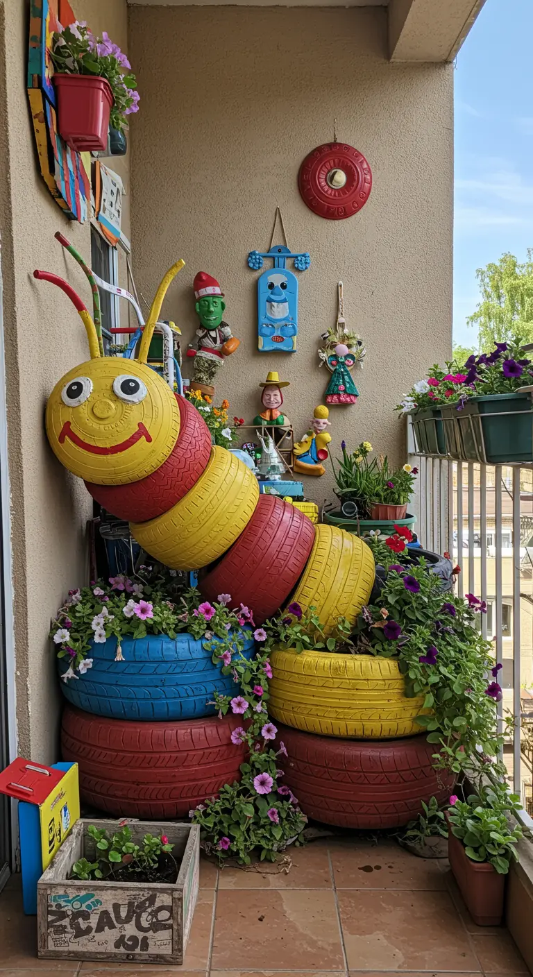 Vrolijke rups gemaakt van gekleurde autobanden die als plantenbakken dienen op een balkon.
