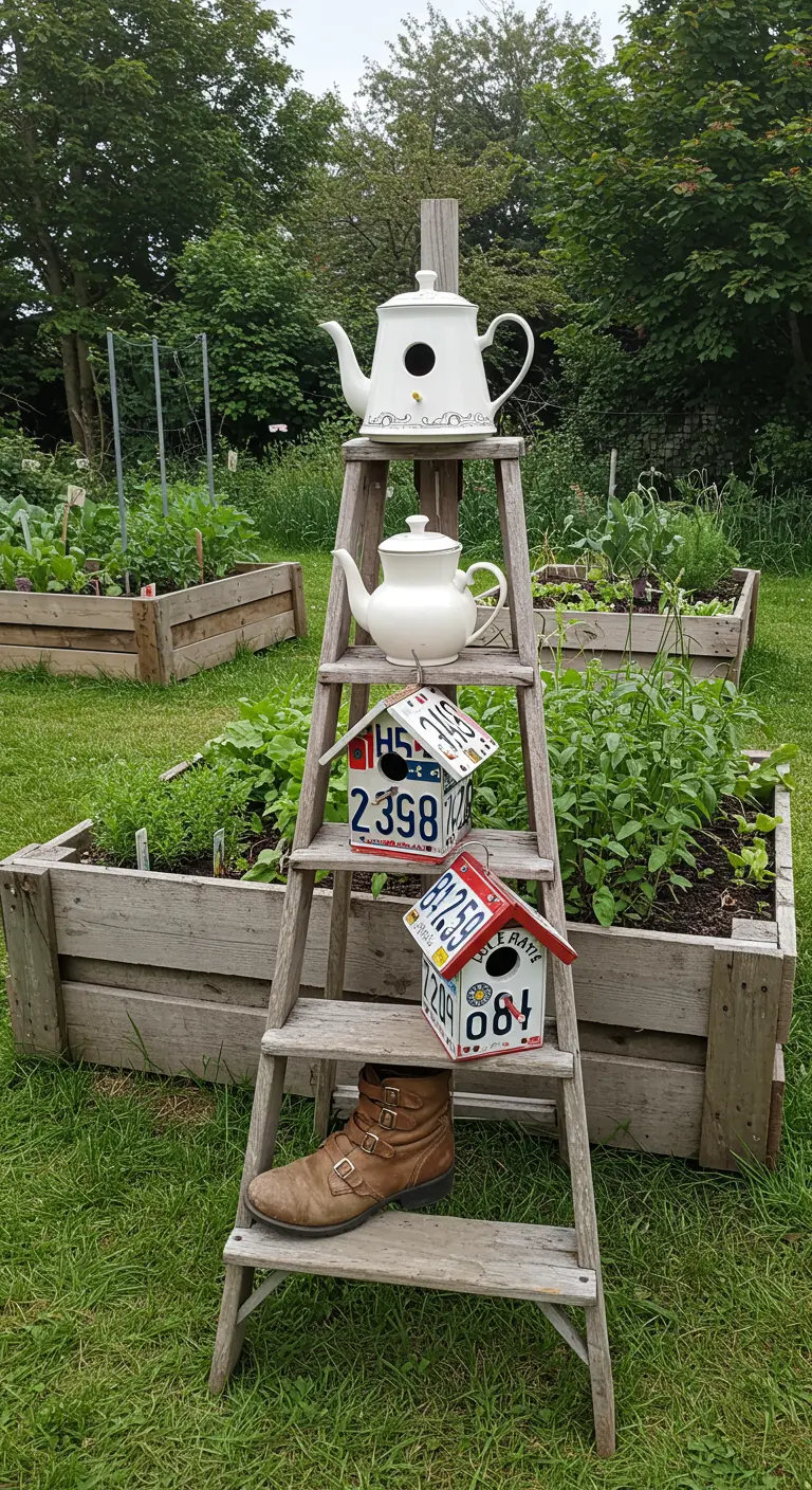 Oude ladder met vogelhuisjes gemaakt van theepotten en nummerborden.