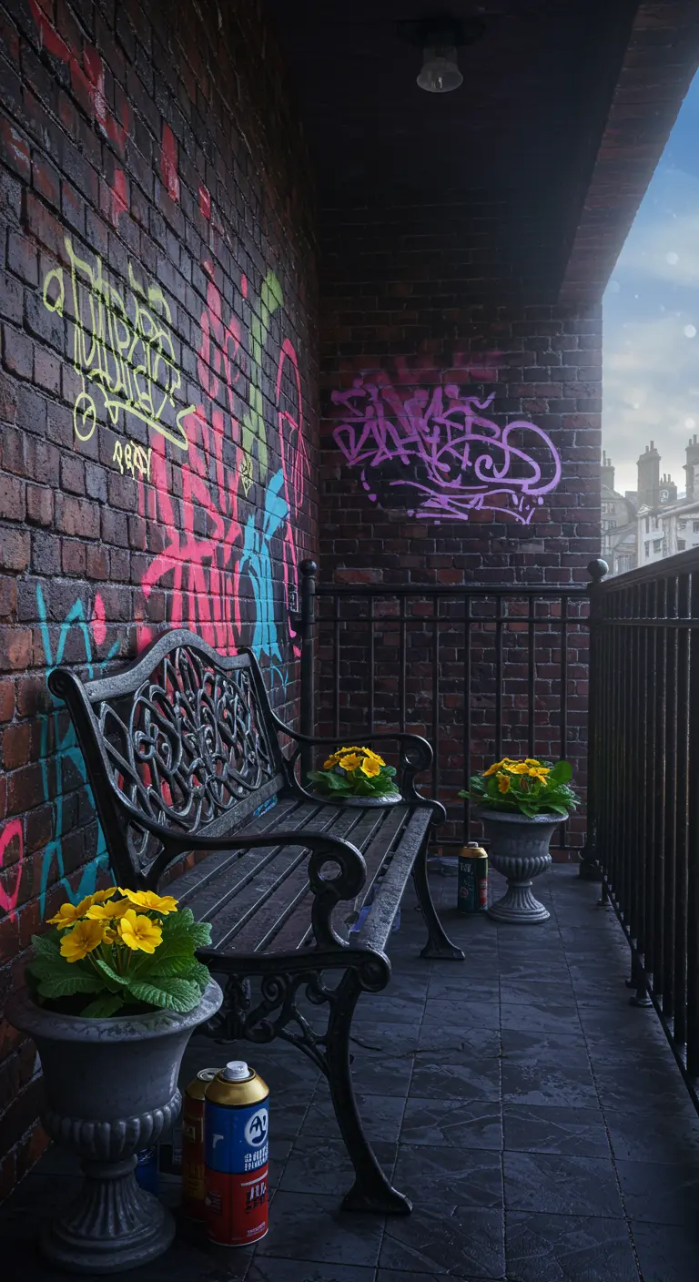 Donker stadsbalkon met een bakstenen muur vol graffiti en een klassiek zwart parkbankje.