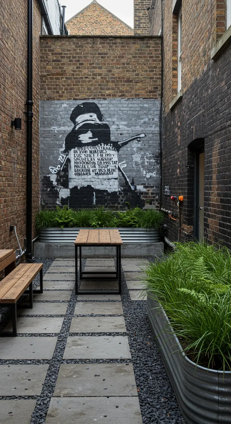 Stadstuin met een stoere zwart-witte street art muurschildering op een bakstenen muur