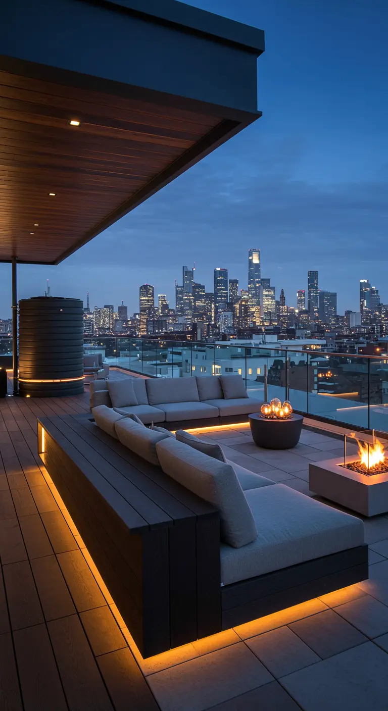 Donkere, moderne regenton op een luxe dakterras met stadszicht.