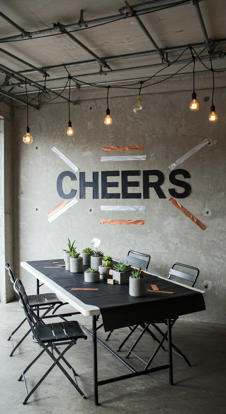 Betonnen muur met de tekst 'CHEERS' en een industrieel gedekte tafel.