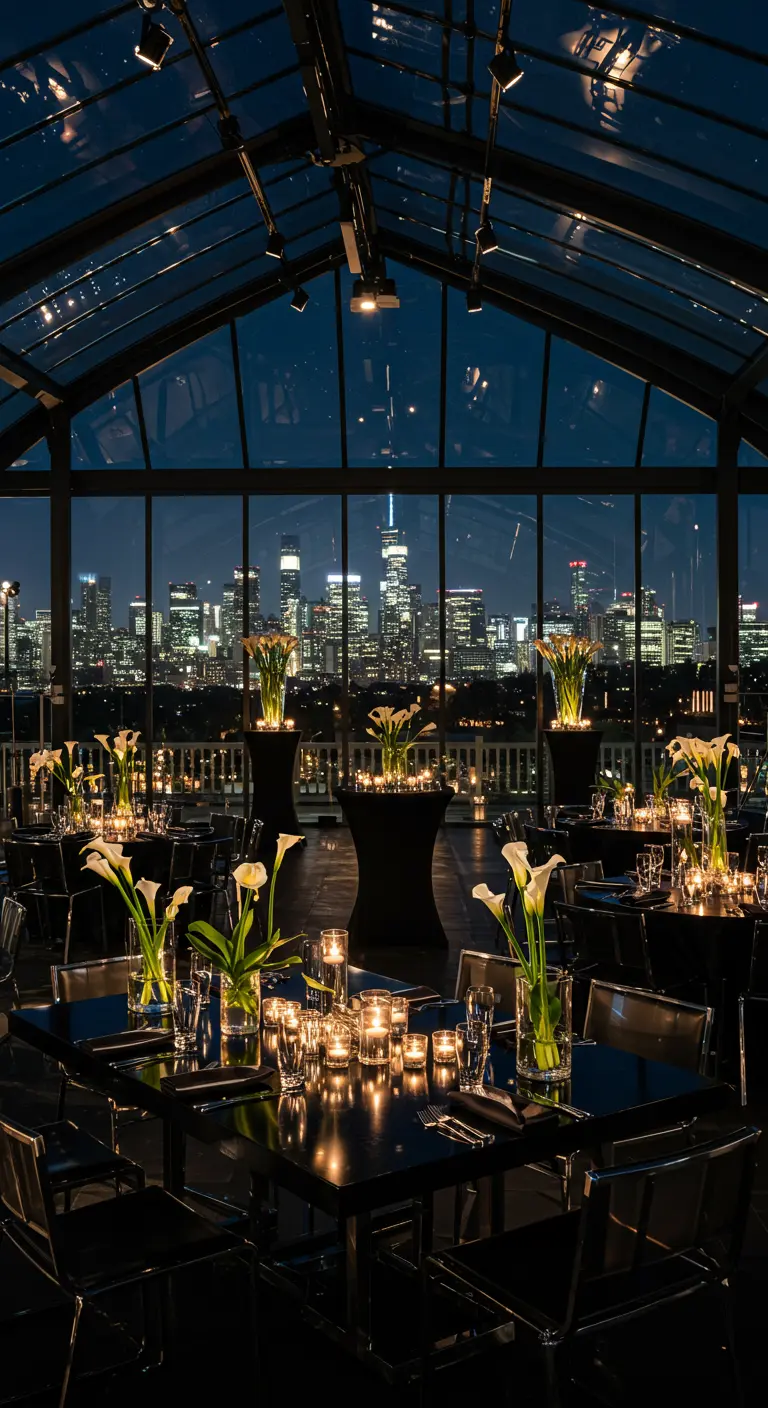 Modern diner in een glazen ruimte met uitzicht op een verlichte skyline.