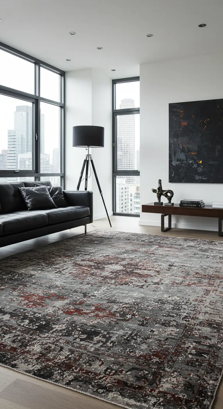 Moderne woonkamer met abstract grijs-rood vintage tapijt, zwarte leren bank en stadszicht.