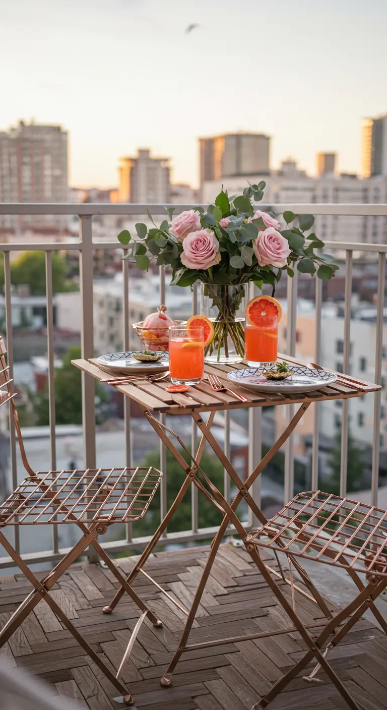Rosé-gouden bistroset met een boeket roze rozen en uitzicht over de stad.