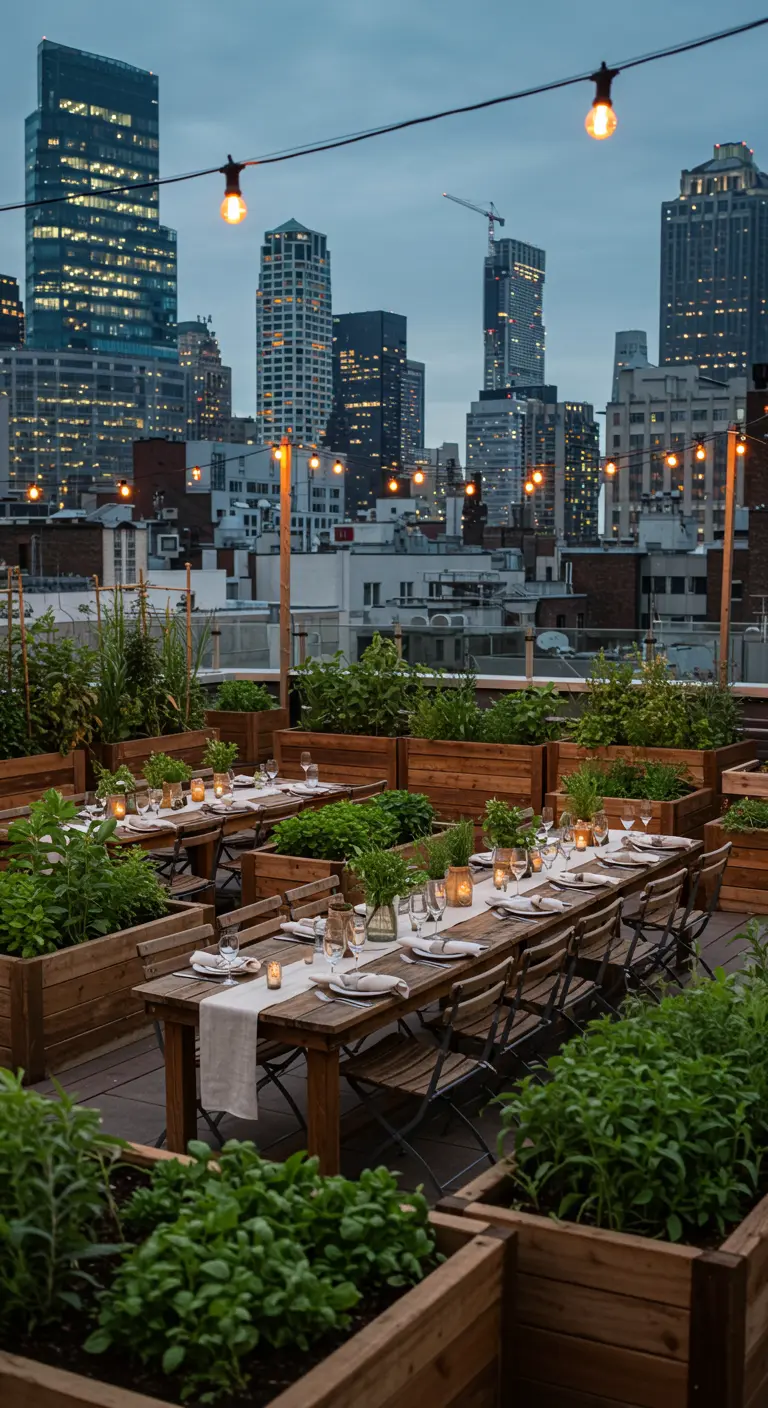 Diner op een dakterras omringd door houten plantenbakken met kruiden, met uitzicht op de stad.