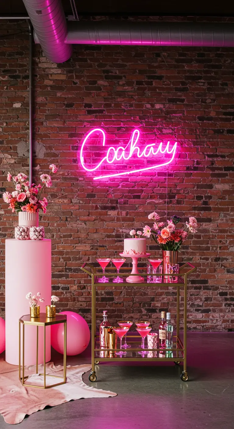 Roze neonbord aan een bakstenen muur, met een gouden barcart en bloemen.