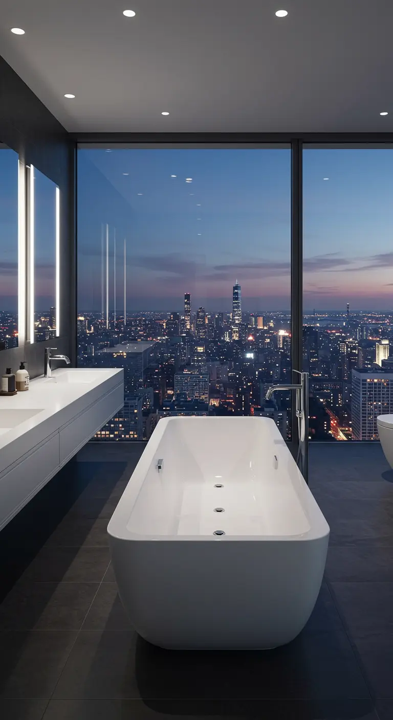 Wit, strak bad voor een kamerhoog raam met uitzicht op een verlichte skyline bij nacht.
