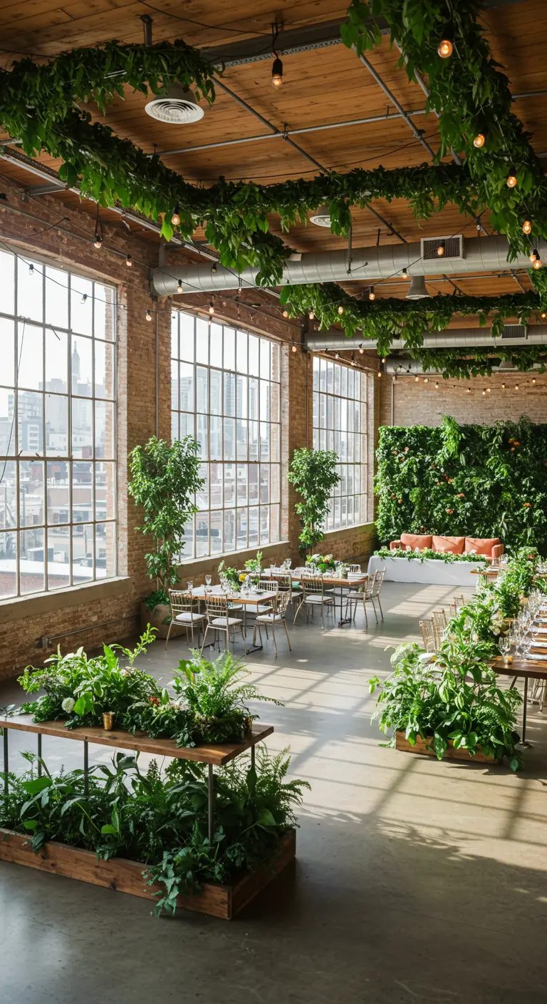 Industriële loftruimte met bakstenen muren, veel planten, hangend groen en lange tafels.