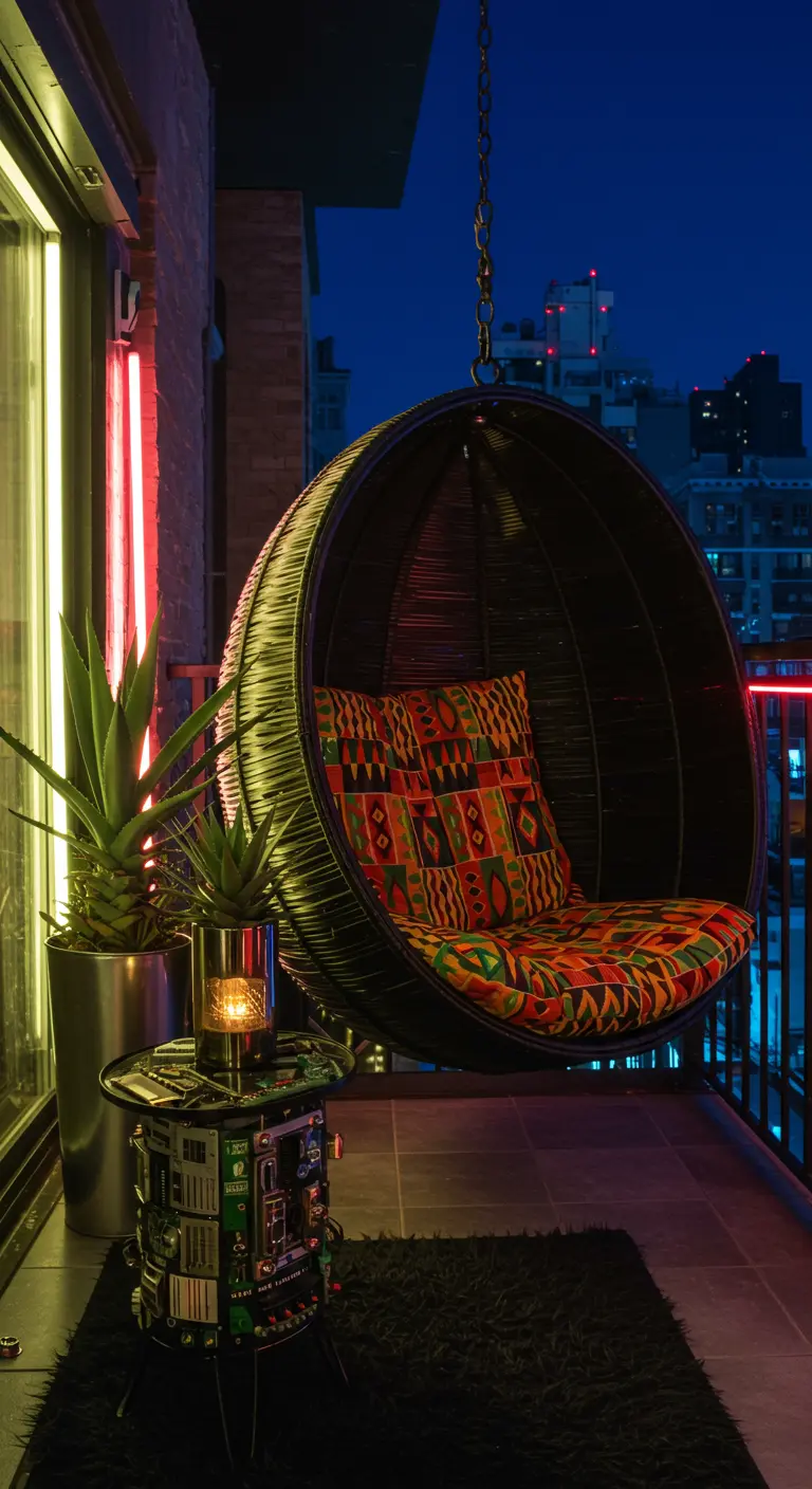 Zwarte hangstoel met kleurrijke Afrikaanse print op een stadsbalkon bij nacht, verlicht door neonlampen.