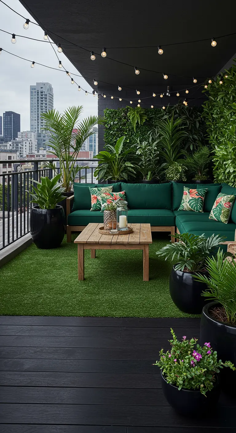 Stadsbalkon met kunstgrasvloer, donkere loungeset, weelderige planten in zwarte potten en stadsgezicht.