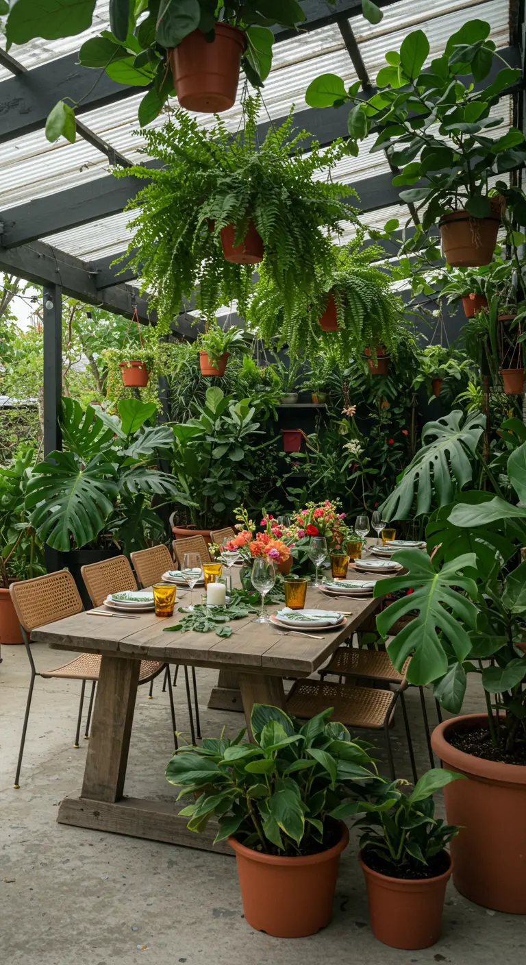Gedekte tafel op een terras, omringd door een overvloed aan groene planten.