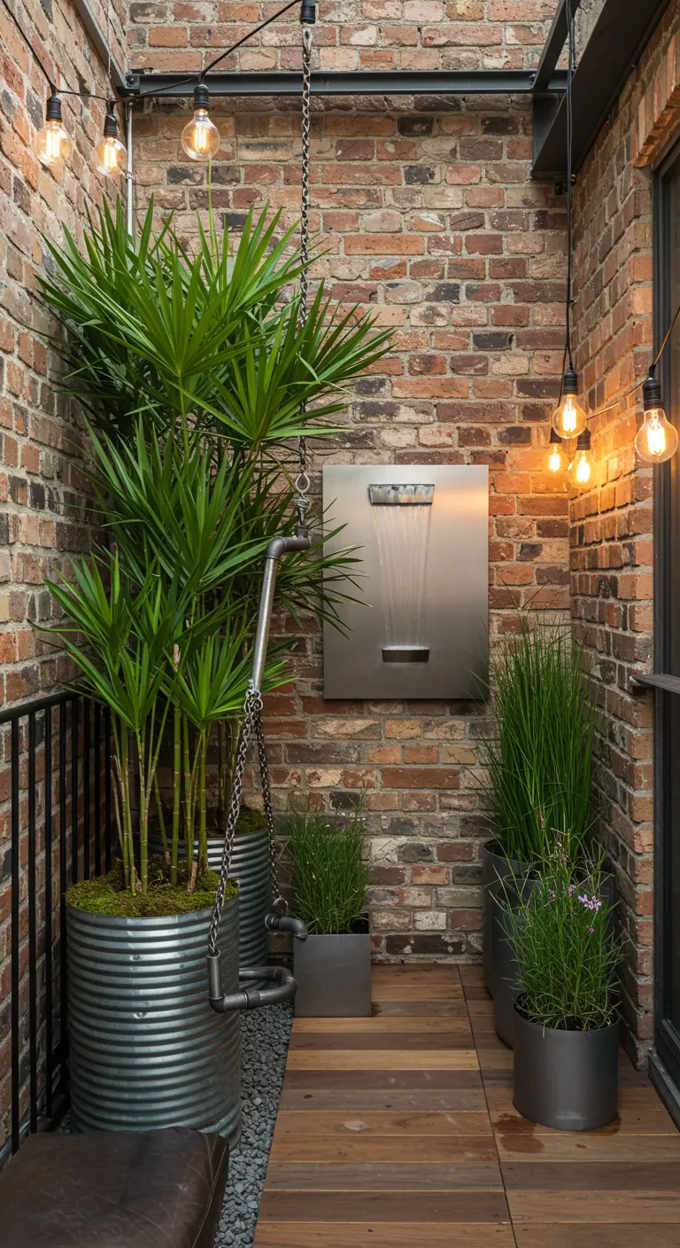Industriële hangschommel op een balkon met bakstenen muur, metalen plantenbakken en een waterval.