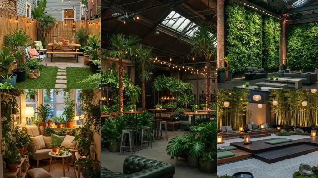 Een collage van sfeervolle urban jungle settings met veel planten, ideaal voor feesten en ontspanning.
