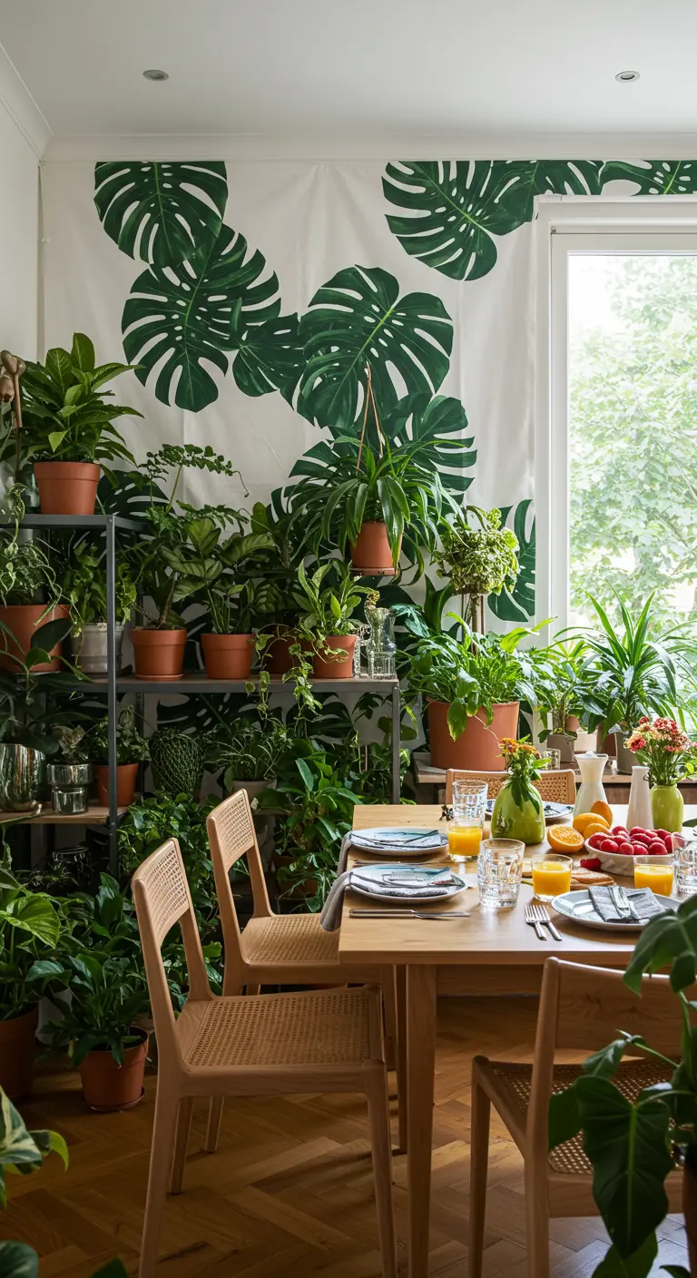 Doek met Monstera-bladprint aan de muur in een kamer vol planten.