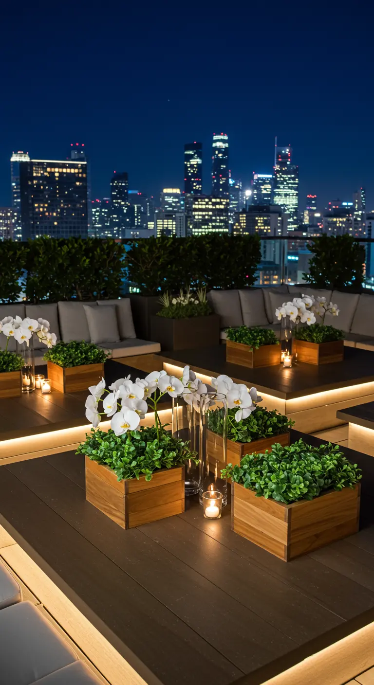 Modern dakterras met houten loungebanken, vierkante plantenbakken met groen en orchideeën.