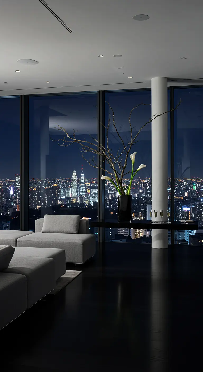 Modern appartement met uitzicht op de stad, minimalistisch ingericht met een tak in een vaas.