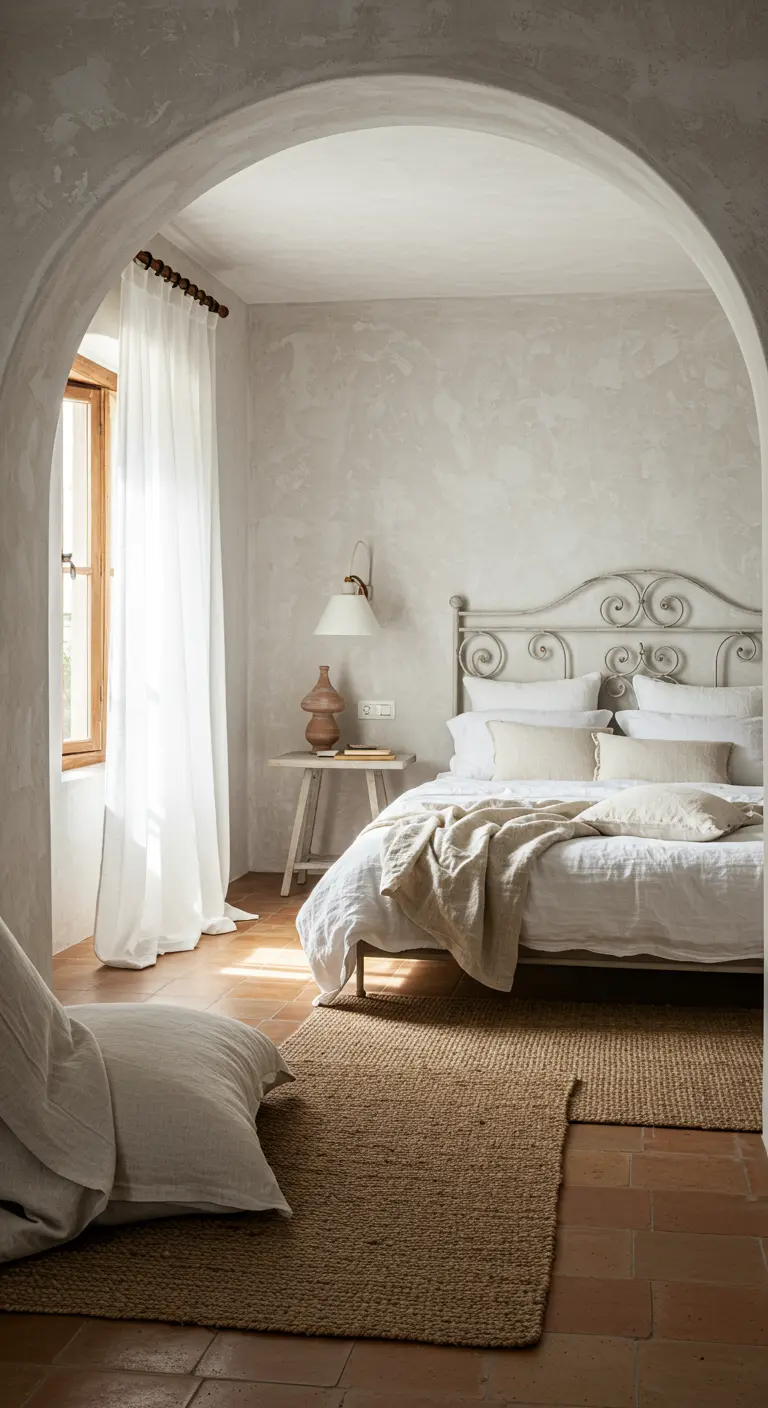 Slaapkamer gezien door een boog, met kalkverf muren en een smeedijzeren bed.