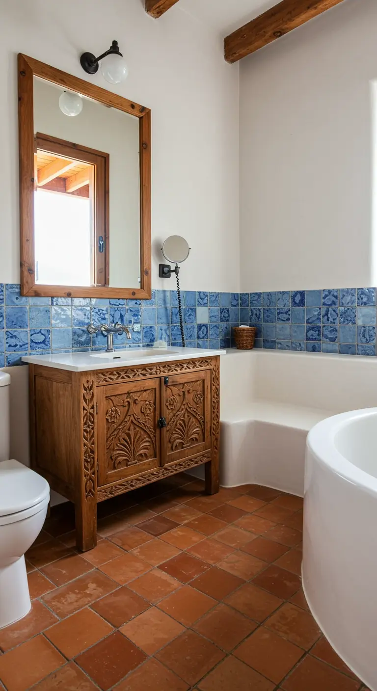 Badkamer met een rijk versierd houten meubel en een wand van blauwe zelligetegels.