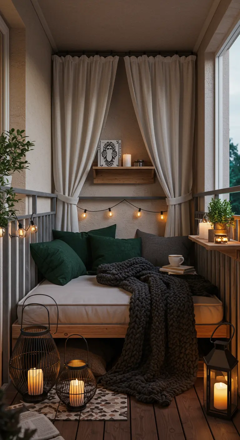 Knus balkon met een daybed, zachte gordijnen, een dikke plaid en sfeervolle lantaarns op de vloer.