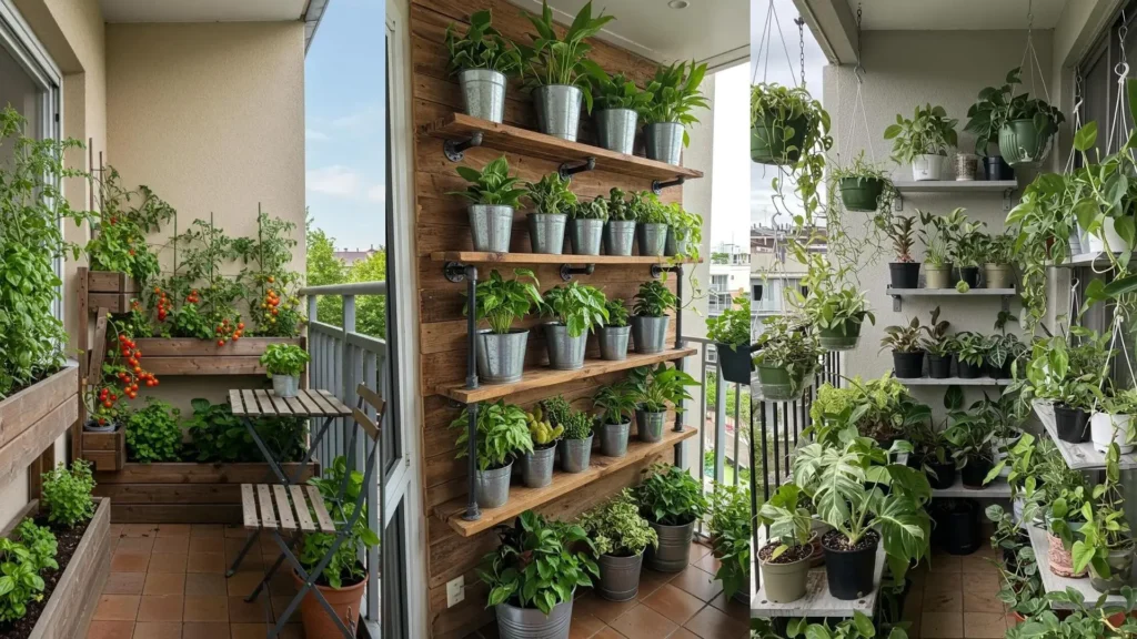 Diverse groene balkon transformaties, van moestuin tot weelderige plantenhoek, ideaal voor een compacte jungle.