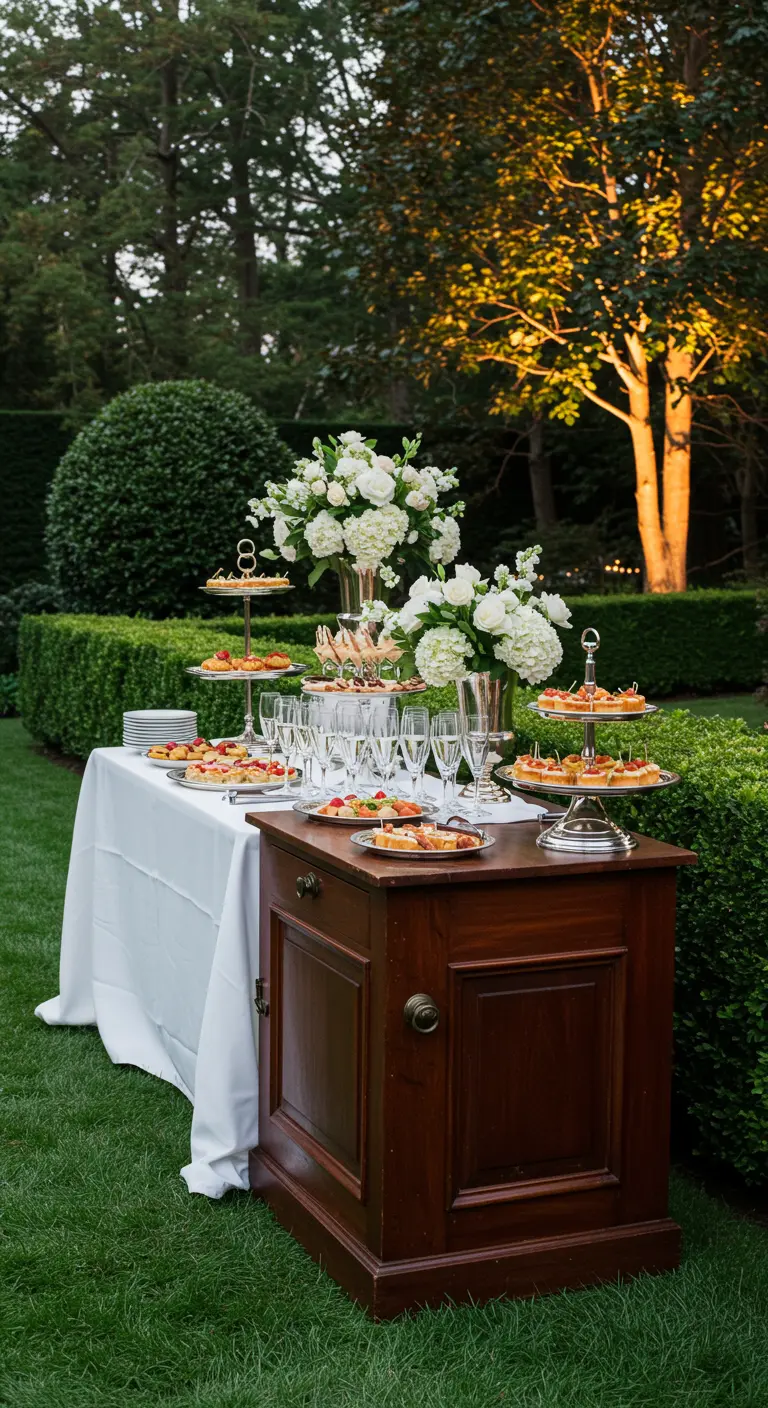 Donkerhouten commode gebruikt als chique buffet in een tuin, met hapjes, drankjes en bloemen.