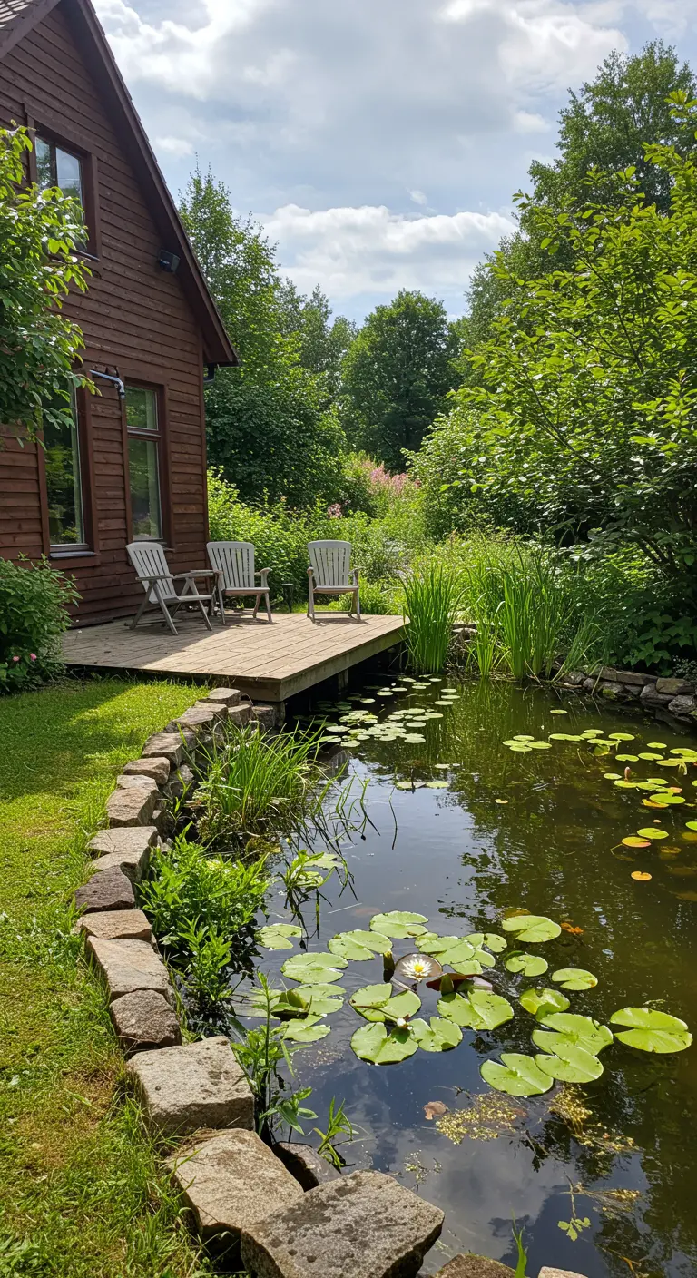 Natuurlijke vijver met waterlelies naast een houten terras.