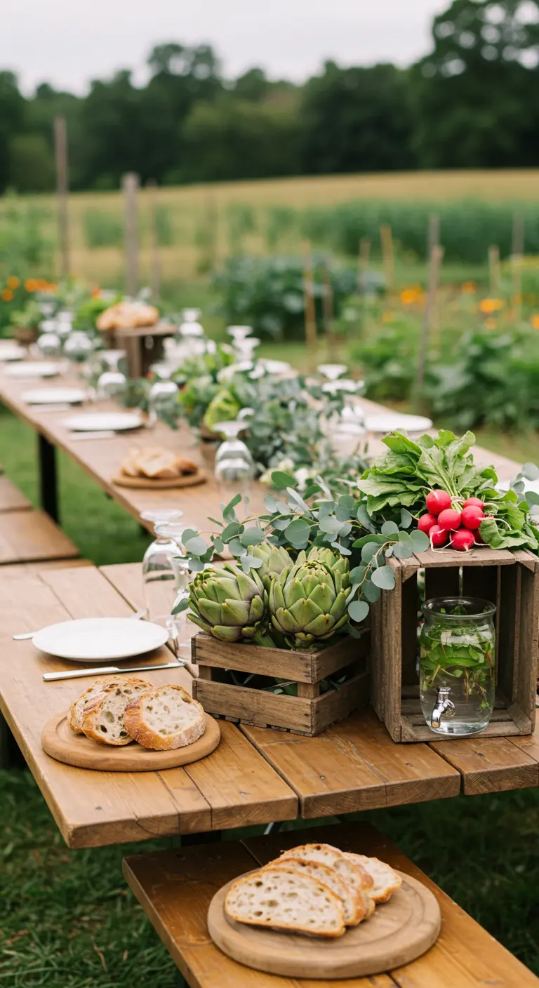 Houten tafel met kistjes vol groenten en eucalyptus, met planken vers brood.