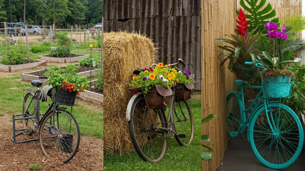 Drie unieke toepassingen van fietsen als plantenhouders, vol met tomaten, bloemen en orchideeën.