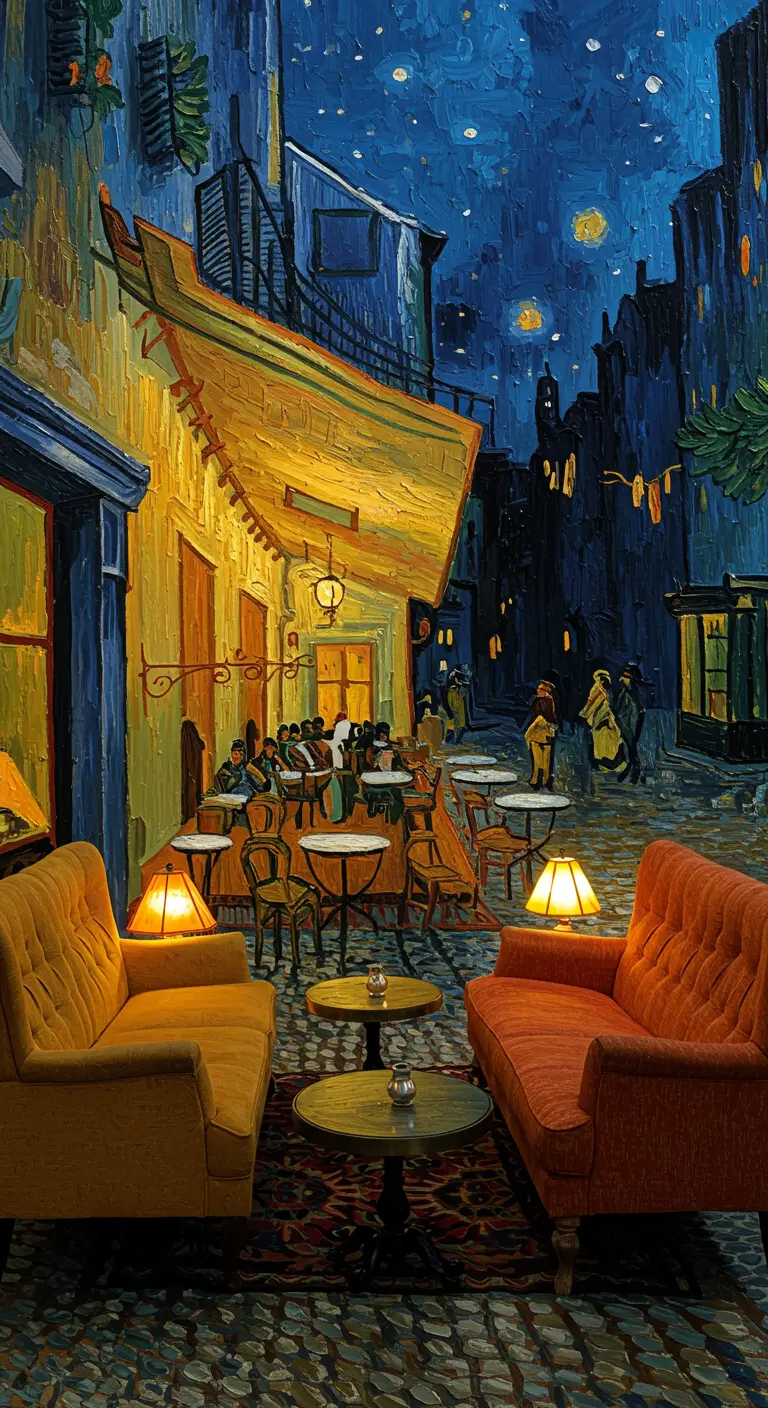 Woonkamer in Van Gogh-stijl met geel en oranje meubels, en muren die een caféterras voorstellen