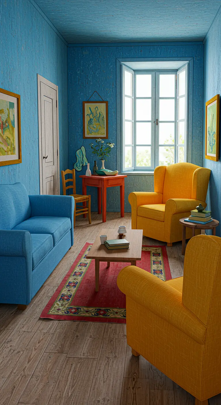 Levendige woonkamer in Van Gogh-stijl met blauwe bank, gele stoelen en oranje accenten