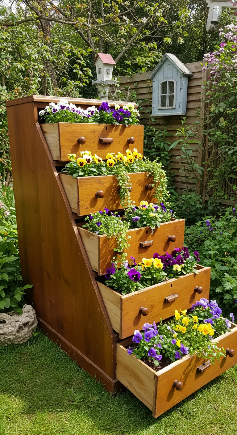 Oude houten ladekast in een tuin, waarvan de open lades zijn gevuld met kleurrijke violen.