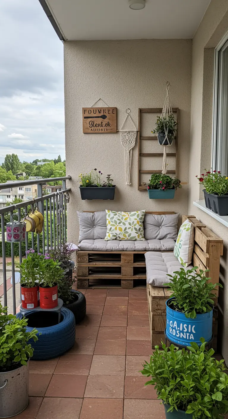 Gezellig balkon met een zelfgemaakte hoekbank van pallets, veel kussens en macramé-decoratie.