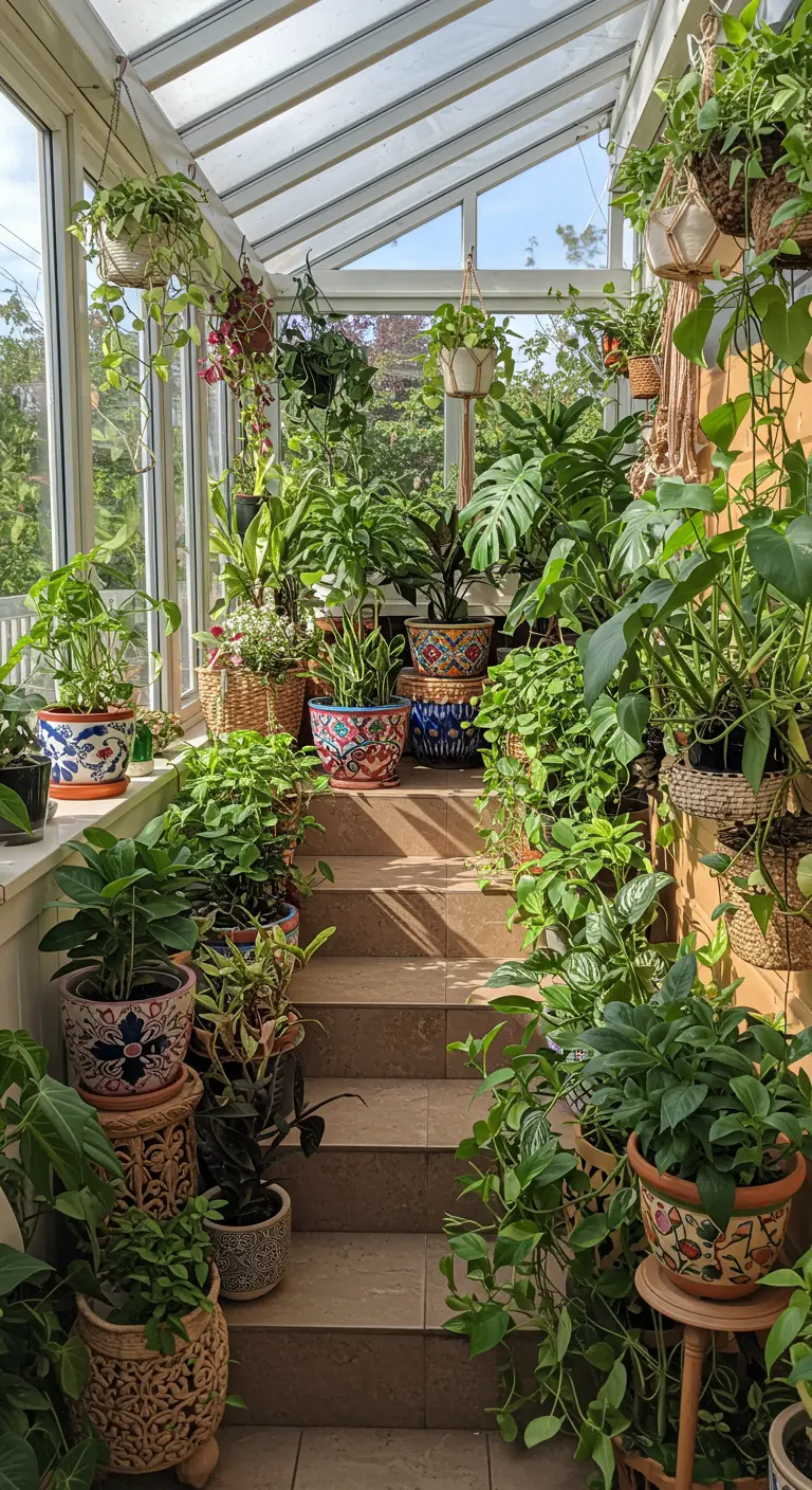 Zonnige serre met een betegelde trap, vol met diverse kamerplanten in kleurrijke, gedecoreerde potten.