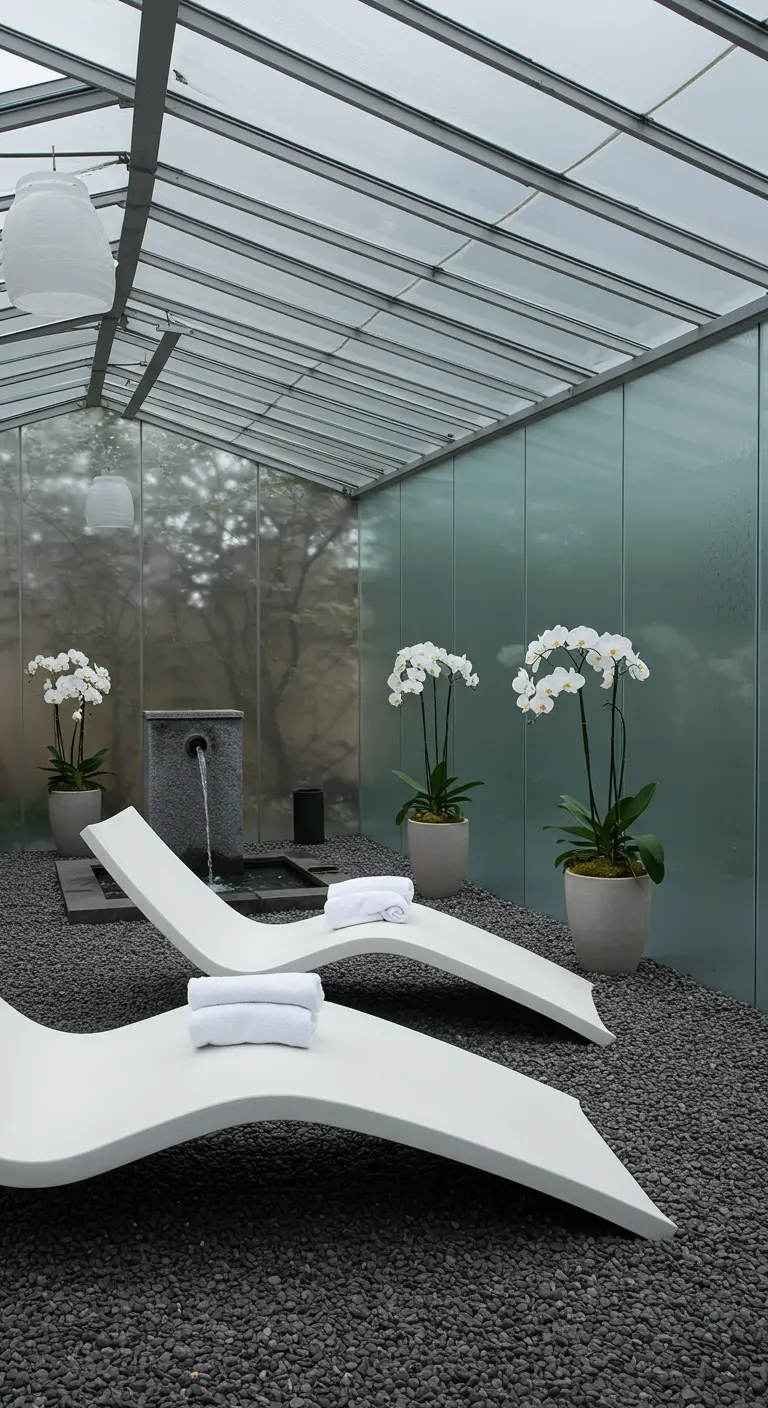 Twee witte design-ligbedden in een minimalistische serre met een wellness-uitstraling.