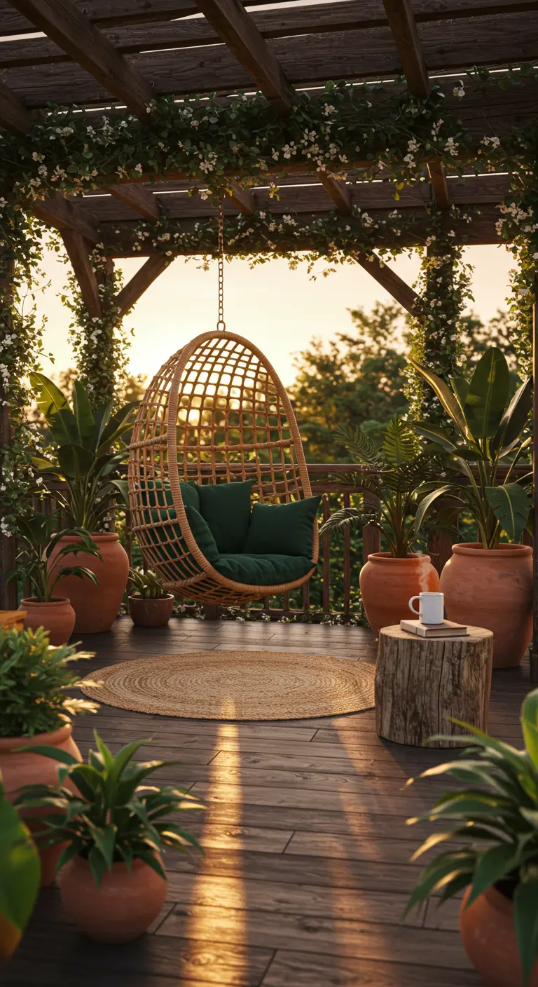 Rotan hangstoel onder een houten pergola met klimplanten, omringd door terracotta potten bij zonsondergang.