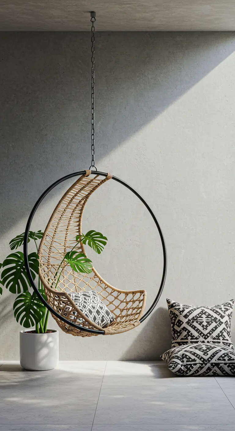 Maanvormige hangstoel van rotan en zwart metaal, met een monstera plant ernaast.