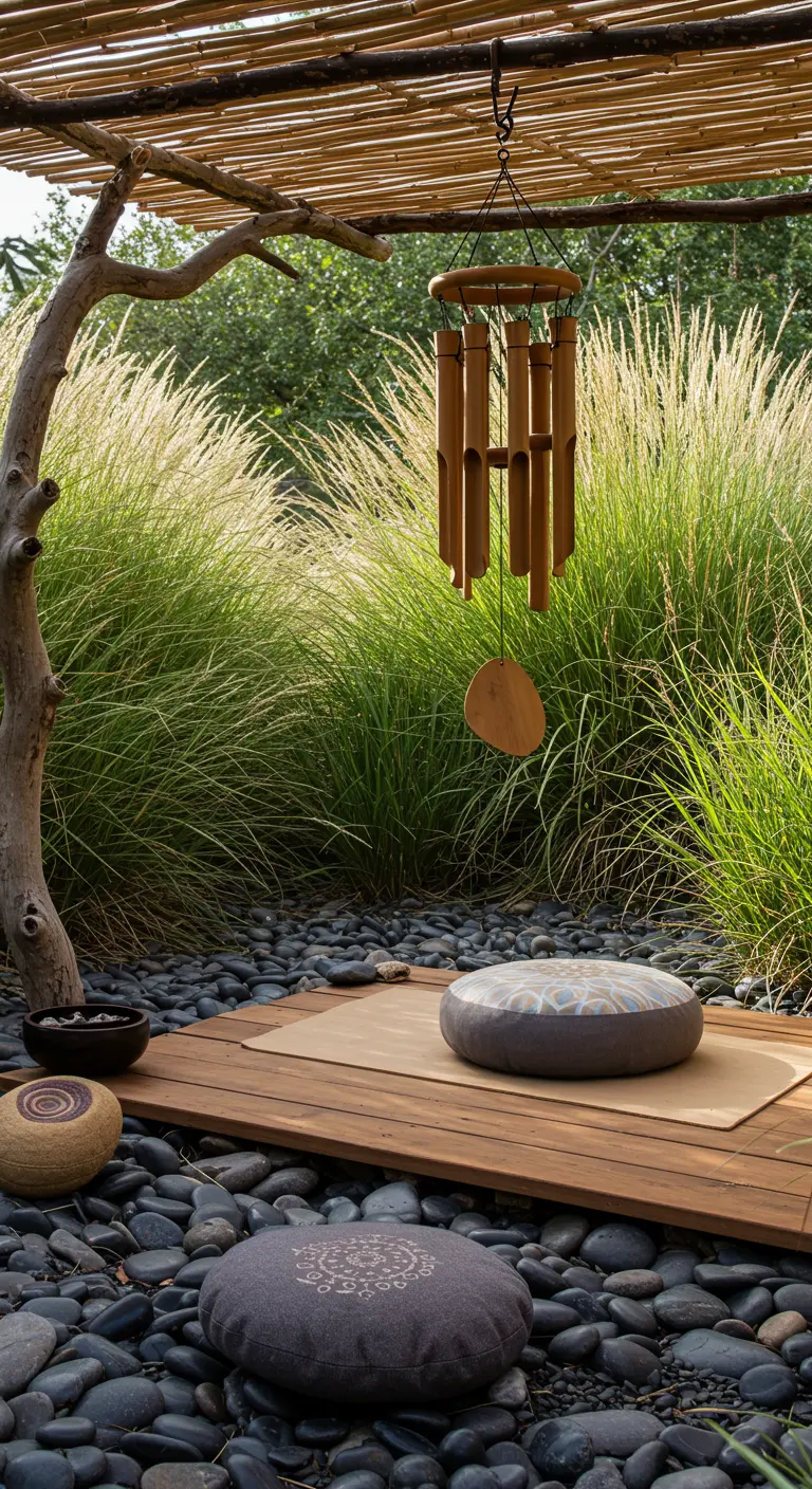 Meditatieplek met houten vlonder, kiezels, kussens, wuivend siergras en een bamboe windgong.