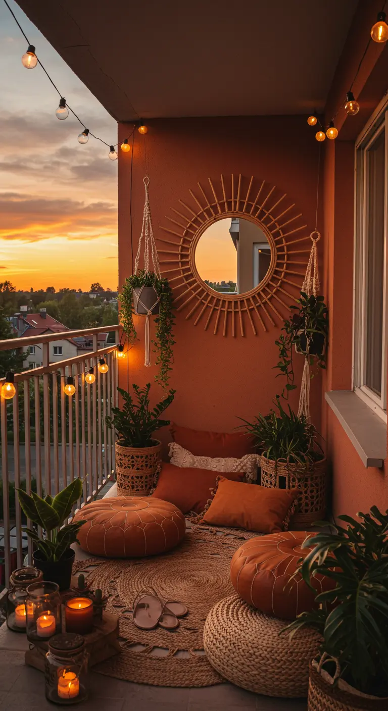 Boho balkon met een rotan zonnespiegel en warme oranje tinten.