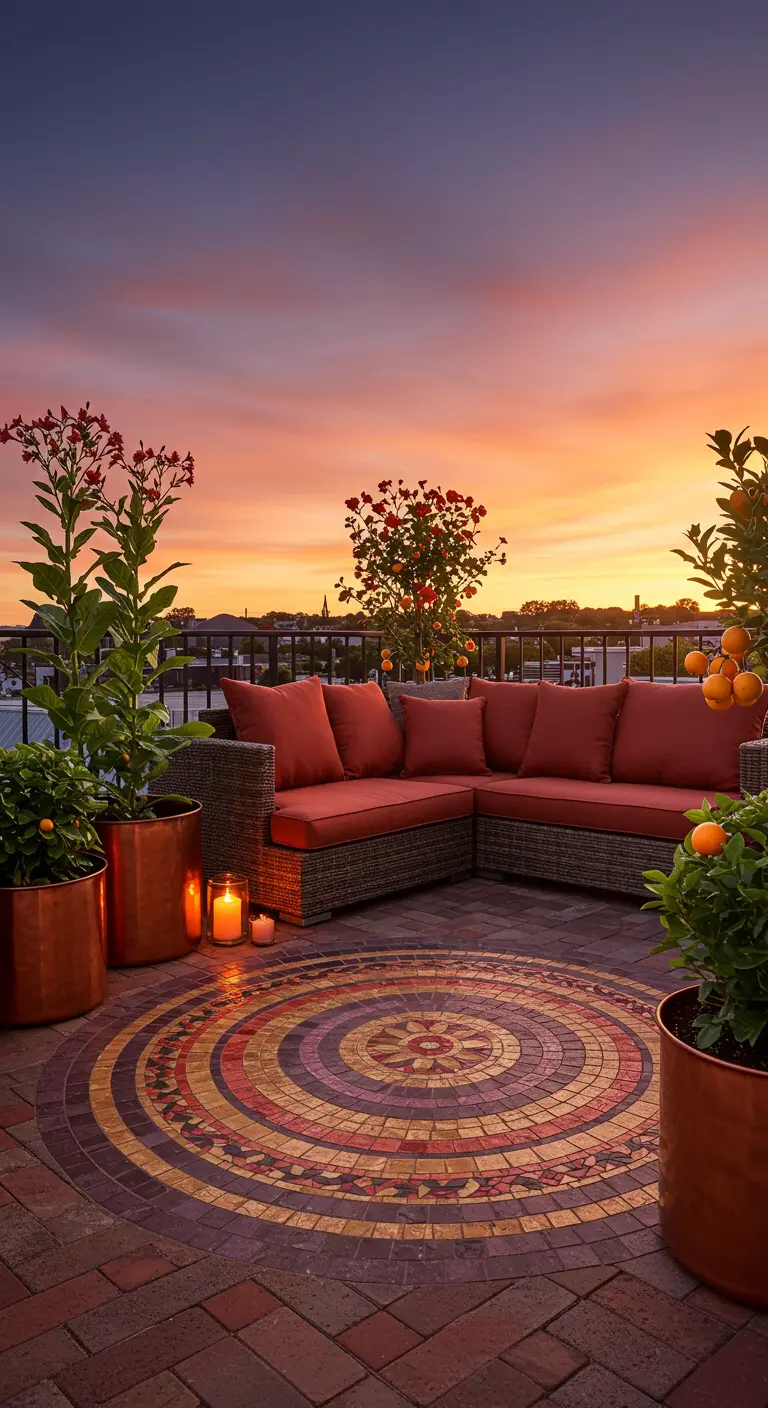Dakterras bij zonsondergang met een ronde mozaïek, oranje kussens en koperen bloempotten.