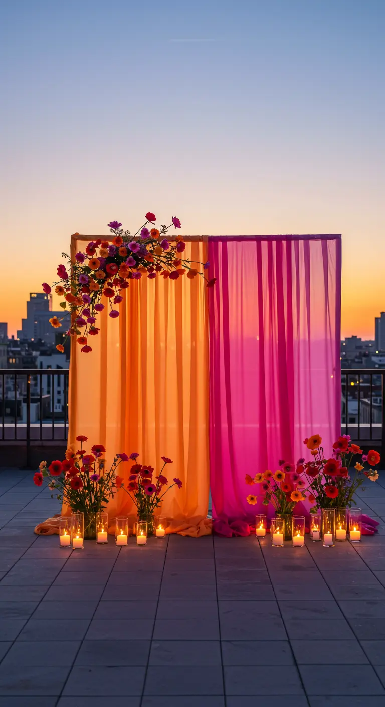 Backdrop op een dakterras met oranje en roze doeken.
