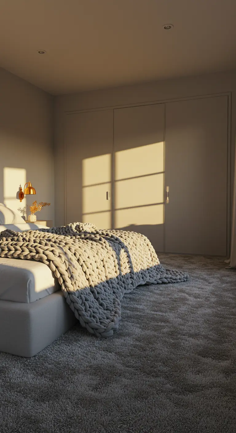 Lichtgrijze slaapkamer waar de avondzon naar binnen schijnt en een grofgebreid deken verlicht.